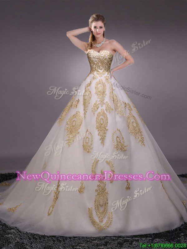 Edgy With Train Lace Up Vestidos de Quinceanera White and In for Military Ball and Sweet 16 and Quinceanera withAppliques Brush Train