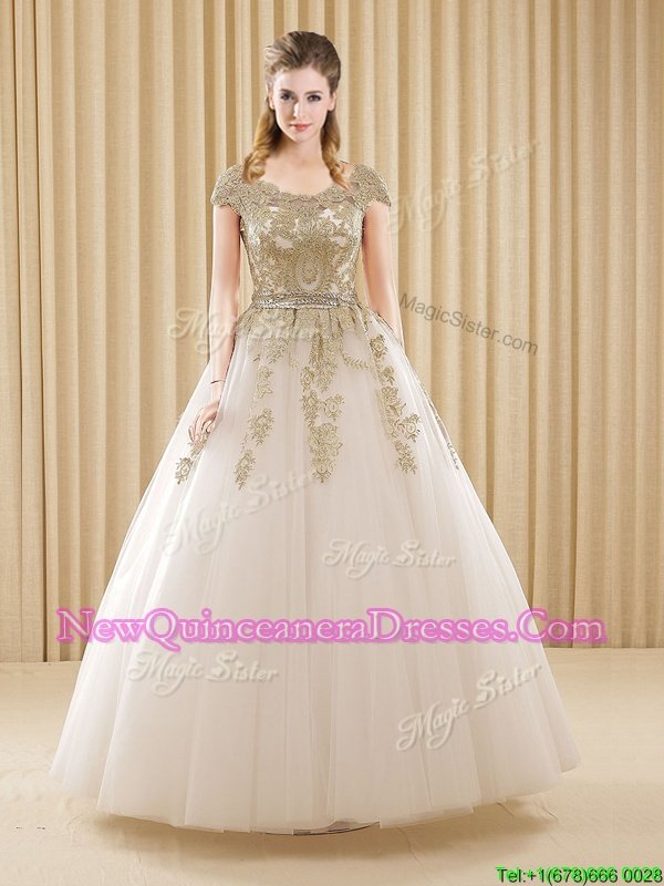 Customized Scoop White Short Sleeves Floor Length Beading and Appliques Lace Up Quinceanera Gown