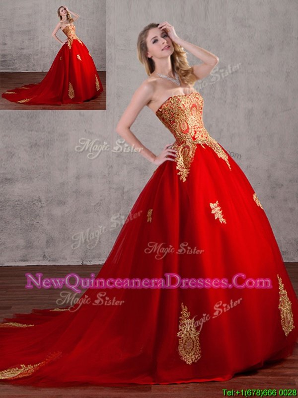 Traditional With Train Red Vestidos de Quinceanera Tulle Court Train Sleeveless Spring and Summer and Fall and Winter Appliques