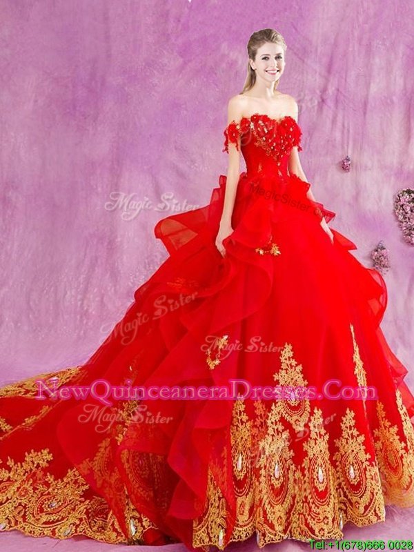 Modest Red Off The Shoulder Neckline Beading and Appliques and Ruffles Vestidos de Quinceanera Sleeveless Lace Up