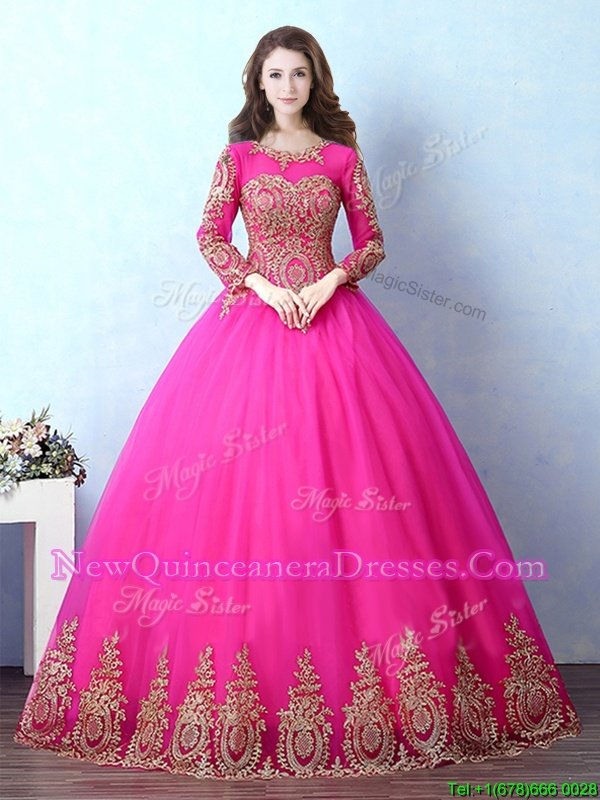 Great Scoop Long Sleeves Tulle Floor Length Lace Up 15th Birthday Dress inFuchsia withAppliques