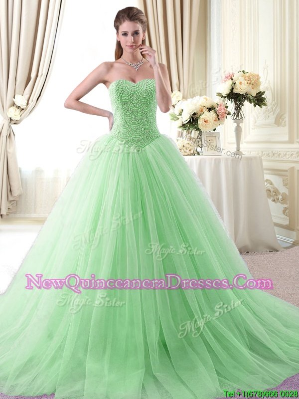 Deluxe Apple Green Sleeveless With Train Beading Lace Up Sweet 16 Quinceanera Dress