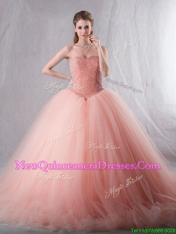 Top Selling Tulle Sweetheart Sleeveless Brush Train Lace Up Beading Quince Ball Gowns inPeach