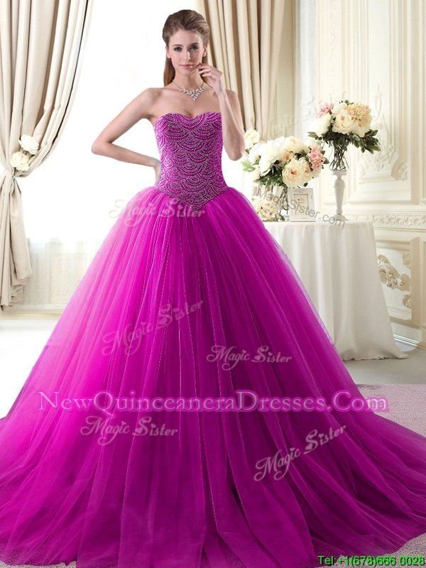 Simple Fuchsia Tulle Lace Up 15th Birthday Dress Sleeveless With Brush Train Beading