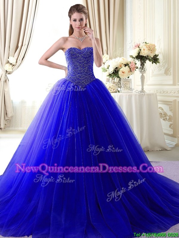 On Sale Sleeveless With Train Beading Lace Up Quinceanera Gown with Royal Blue Brush Train