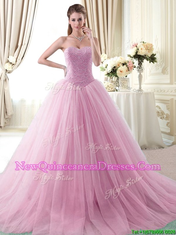 Glamorous Rose Pink Ball Gowns Beading Quinceanera Gowns Lace Up Tulle Sleeveless With Train