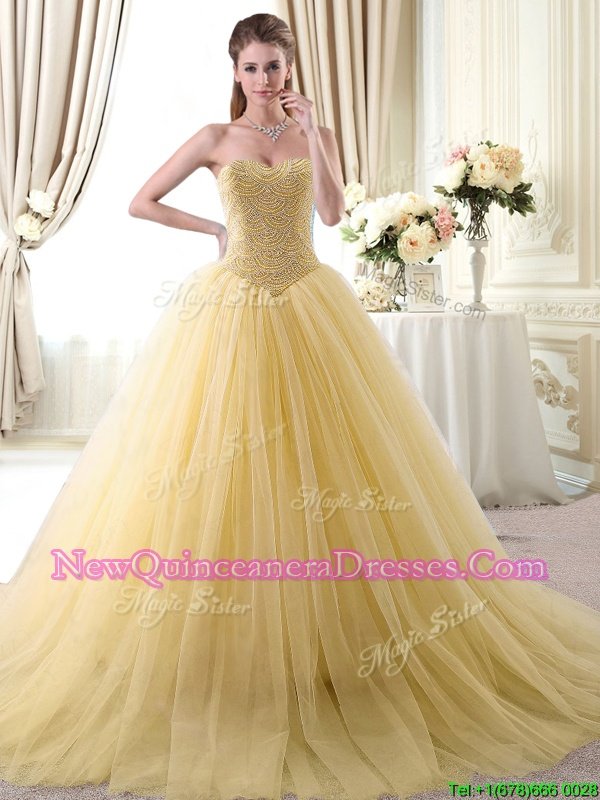 Gorgeous Tulle Sweetheart Sleeveless Lace Up Beading 15th Birthday Dress inGold