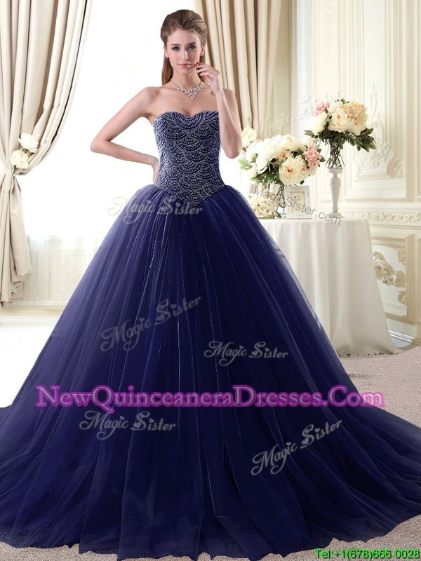 Best Floor Length Lace Up Sweet 16 Dresses Navy Blue and In for Military Ball and Sweet 16 and Quinceanera withBeading