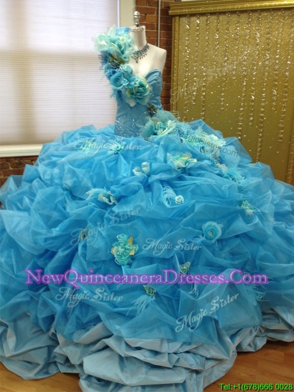 Pick Ups One Shoulder Sleeveless Lace Up Quinceanera Gown Blue Taffeta and Tulle