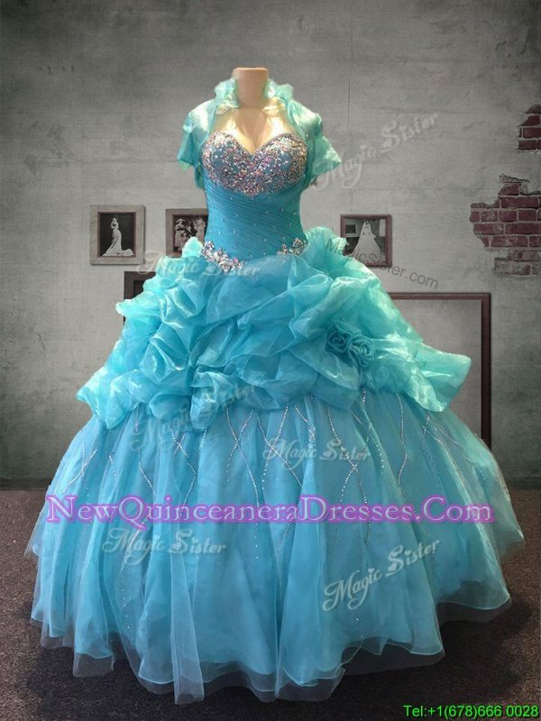 Custom Made Pick Ups Aqua Blue Sleeveless Organza and Tulle Lace Up Quinceanera Gowns for Military Ball and Sweet 16 and Quinceanera