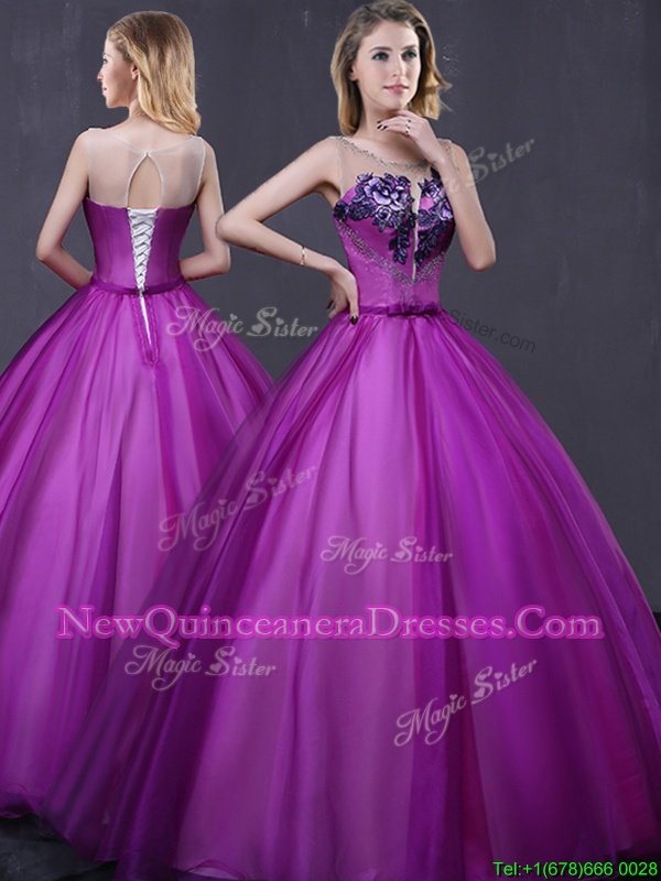 Comfortable Scoop Sleeveless Beading and Appliques Lace Up Ball Gown Prom Dress