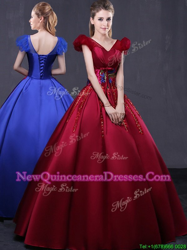 Affordable Cap Sleeves Satin Floor Length Lace Up Vestidos de Quinceanera inWine Red withAppliques