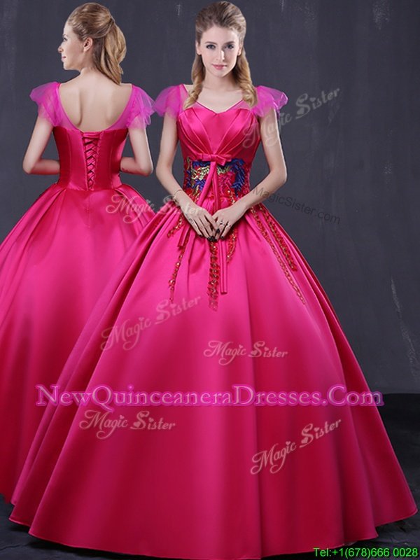 Excellent V-neck Cap Sleeves Satin Sweet 16 Dress Appliques Lace Up