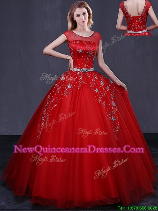 Edgy Red Ball Gowns Scoop Cap Sleeves Tulle Floor Length Lace Up Beading and Belt Vestidos de Quinceanera