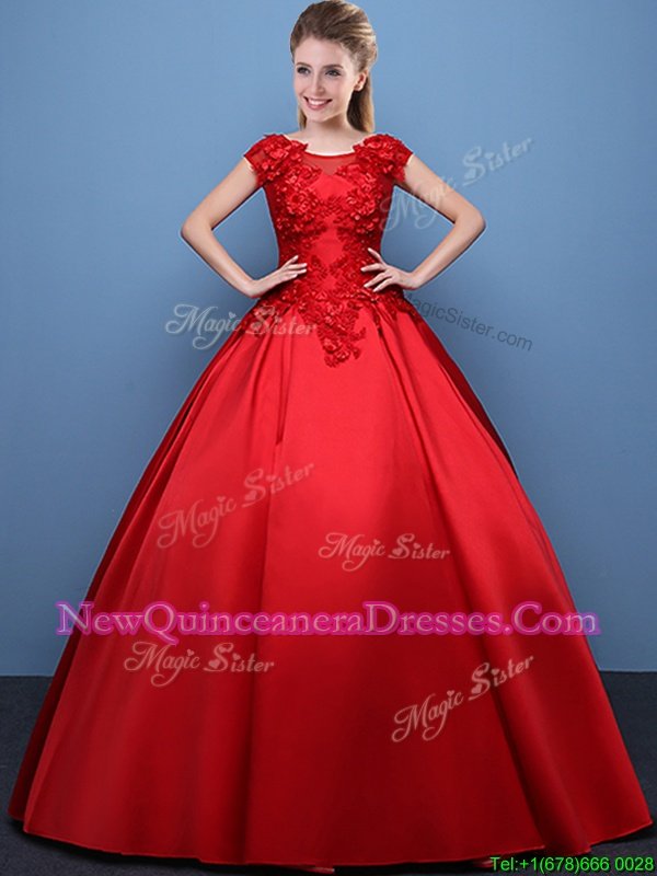 Vintage Scoop Cap Sleeves Sweet 16 Quinceanera Dress Floor Length Appliques Red Satin