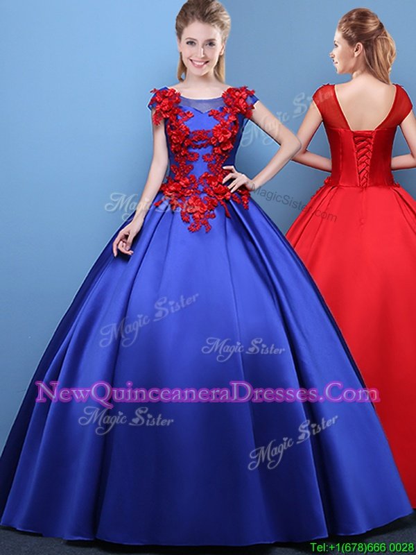 Artistic Scoop Royal Blue Ball Gowns Appliques Quince Ball Gowns Lace Up Satin Cap Sleeves Floor Length