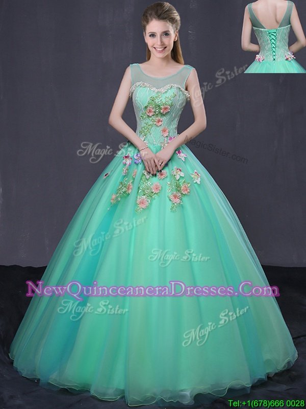 Charming Scoop Turquoise Sleeveless Floor Length Beading and Appliques Lace Up Vestidos de Quinceanera