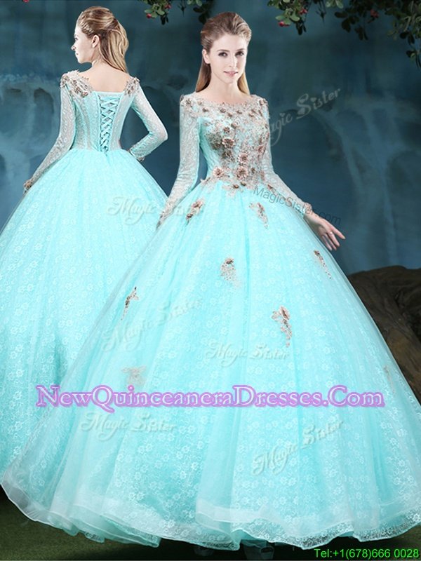 Super Scoop Apple Green Tulle and Lace Lace Up Sweet 16 Quinceanera Dress Long Sleeves Floor Length Appliques