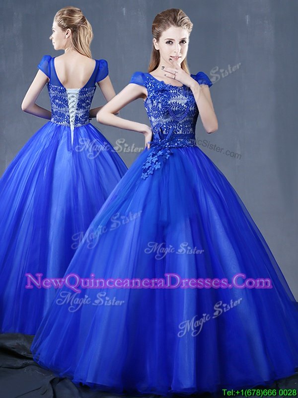 Fashionable Royal Blue Ball Gowns Lace and Appliques Sweet 16 Quinceanera Dress Lace Up Organza Short Sleeves Floor Length