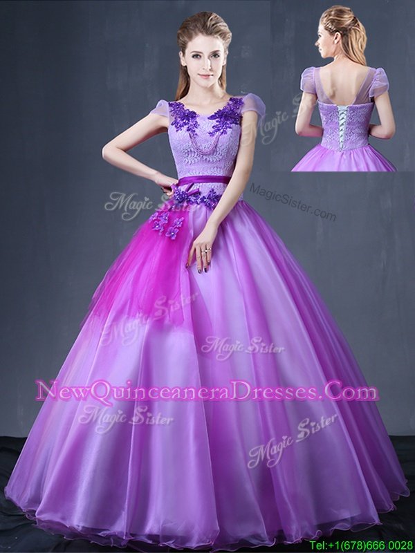 Captivating Floor Length Ball Gowns Short Sleeves Lavender Sweet 16 Dresses Lace Up