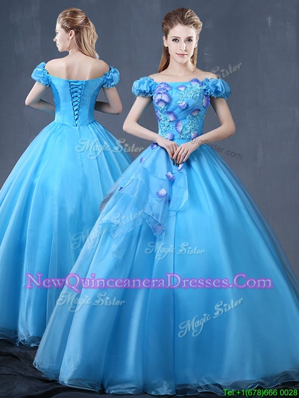 Off the Shoulder Floor Length Ball Gowns Short Sleeves Baby Blue Quinceanera Dresses Lace Up