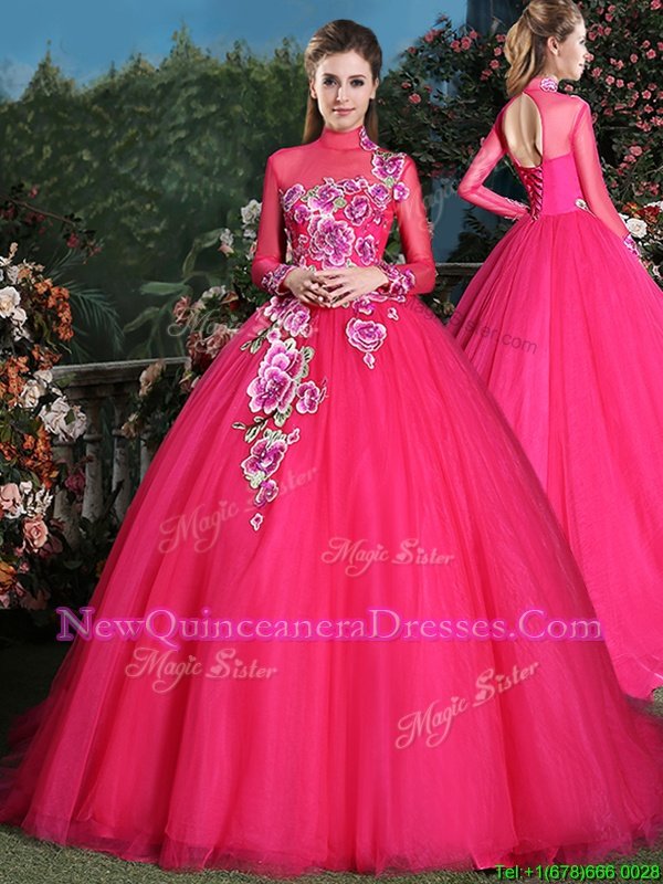 Exceptional Coral Red Lace Up High-neck Appliques Quince Ball Gowns Tulle Long Sleeves Brush Train