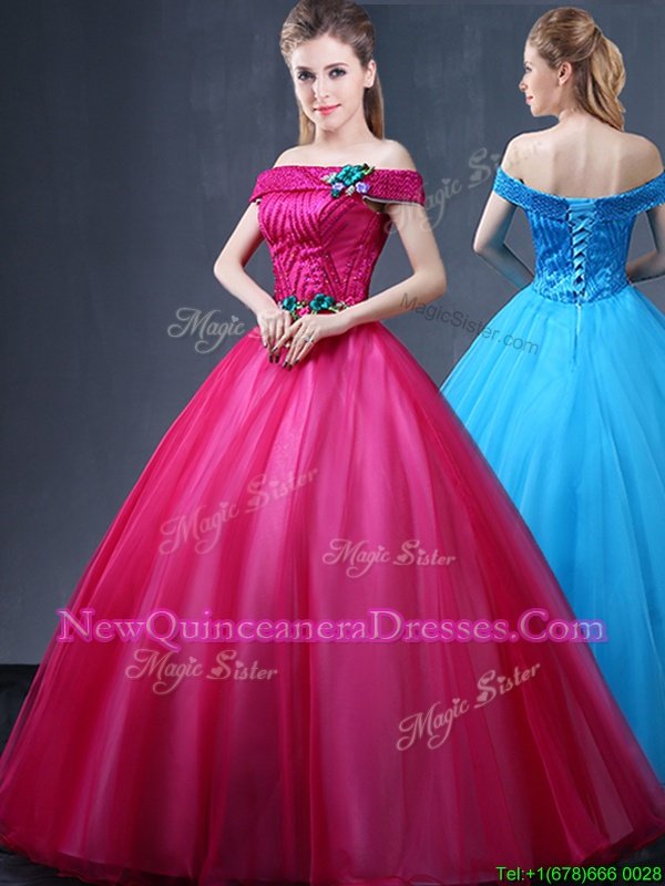 Affordable Off The Shoulder Sleeveless Lace Up Quinceanera Dress Fuchsia Tulle