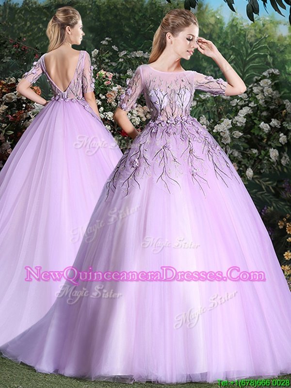 Adorable Scoop Short Sleeves Brush Train Appliques Backless Sweet 16 Quinceanera Dress