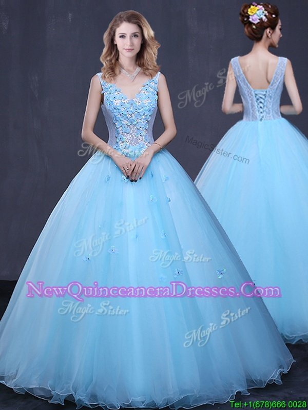 Comfortable Light Blue Tulle Lace Up Quinceanera Dress Sleeveless Floor Length Lace and Appliques