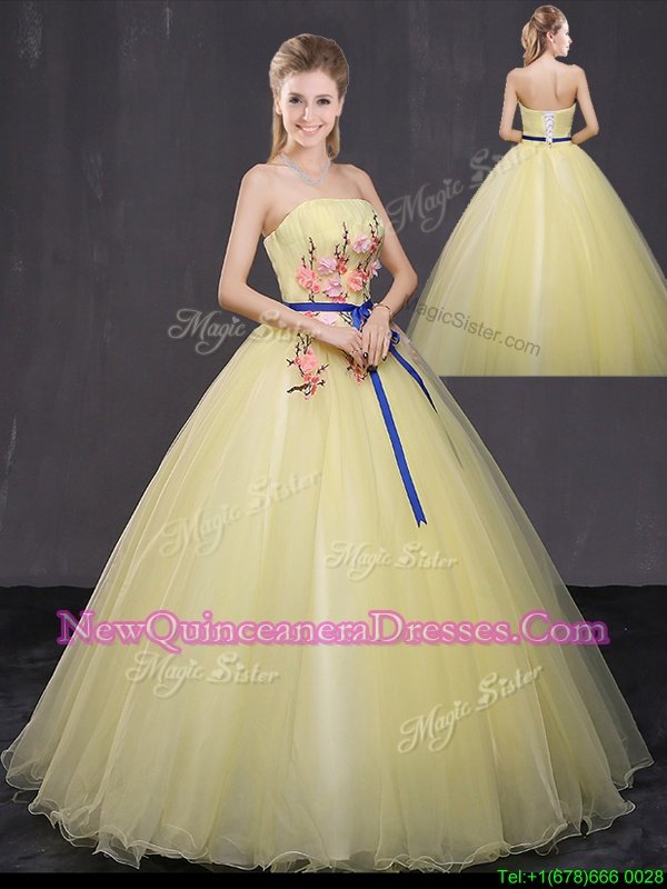 Unique Yellow Ball Gowns Appliques Quinceanera Dress Lace Up Tulle Sleeveless Floor Length