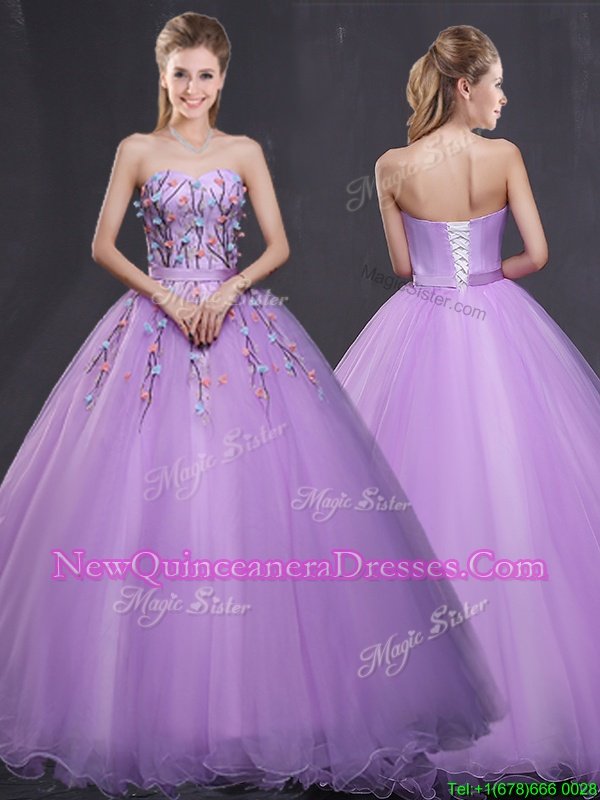 Fashion Sweetheart Sleeveless 15 Quinceanera Dress Floor Length Appliques Lavender Tulle