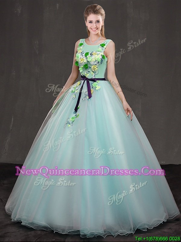 Cute Scoop Apple Green Organza Lace Up Vestidos de Quinceanera Sleeveless Floor Length Appliques