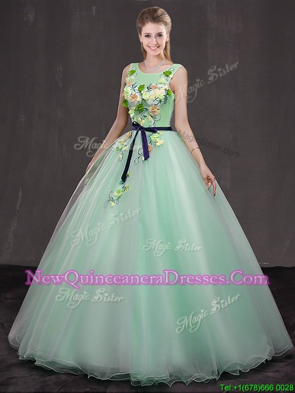 Comfortable Scoop Apple Green Sleeveless Organza Lace Up Quince Ball Gowns for Military Ball and Sweet 16 and Quinceanera