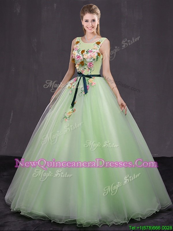 Yellow Green Ball Gowns Scoop Sleeveless Organza Floor Length Lace Up Appliques Sweet 16 Quinceanera Dress