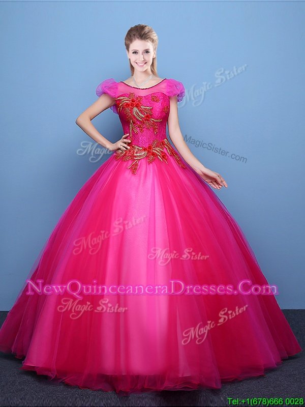 Best Selling Scoop Hot Pink Lace Up Quince Ball Gowns Appliques Short Sleeves Floor Length