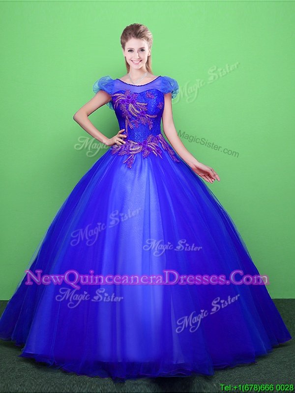 Discount Scoop Short Sleeves Tulle 15 Quinceanera Dress Appliques Lace Up