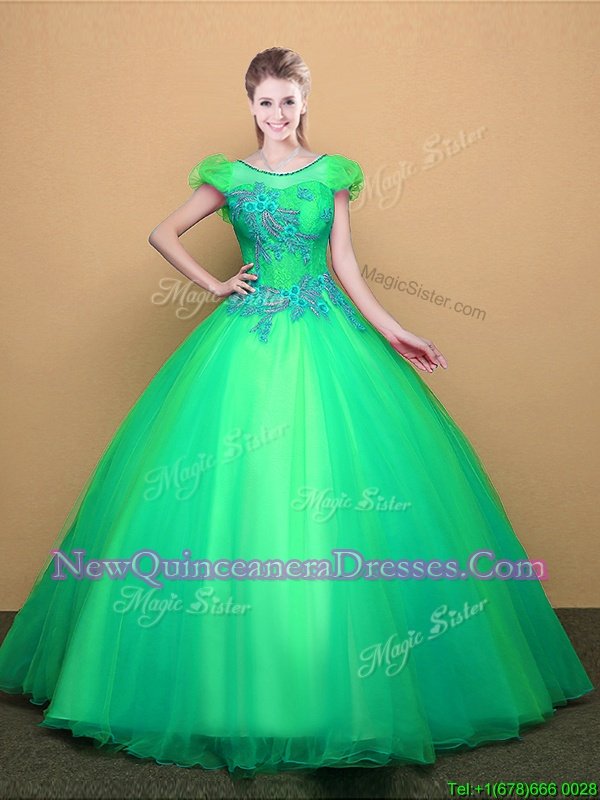 Spectacular Scoop Short Sleeves Lace Up Quinceanera Dress Turquoise Tulle