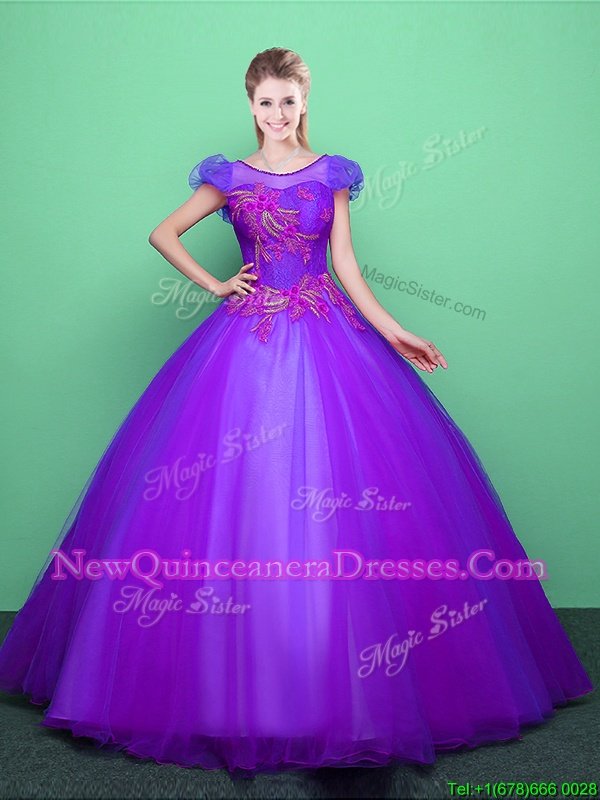 Dazzling Scoop Purple Short Sleeves Floor Length Appliques Lace Up Ball Gown Prom Dress