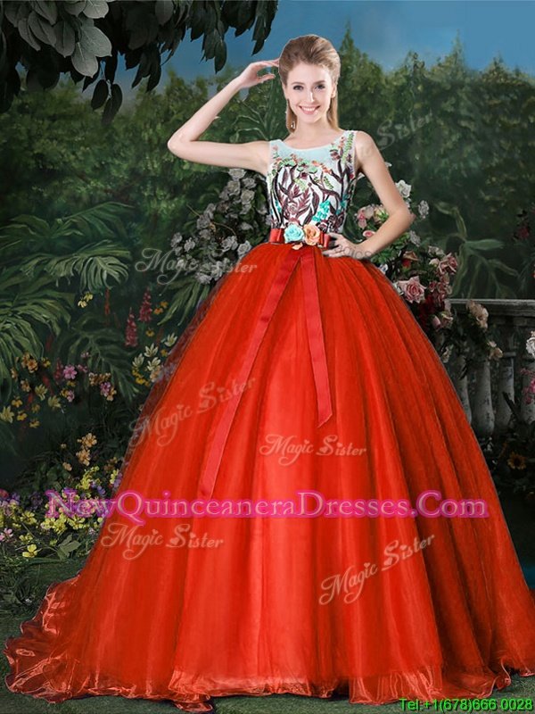 Nice Red Ball Gown Prom Dress Military Ball and Sweet 16 and Quinceanera and For withAppliques and Belt Scoop Sleeveless Brush Train Zipper