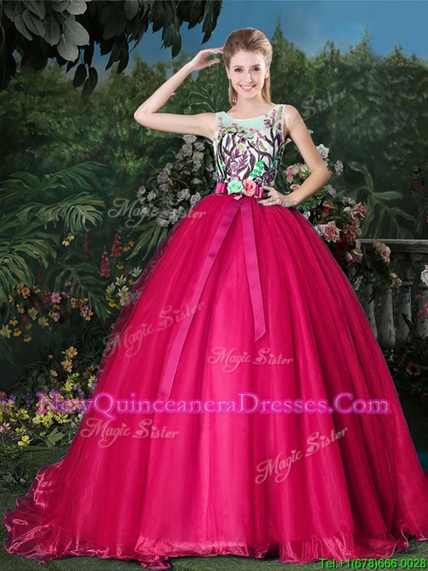 Stunning Hot Pink Zipper Scoop Appliques and Belt Quinceanera Gown Organza Sleeveless Brush Train