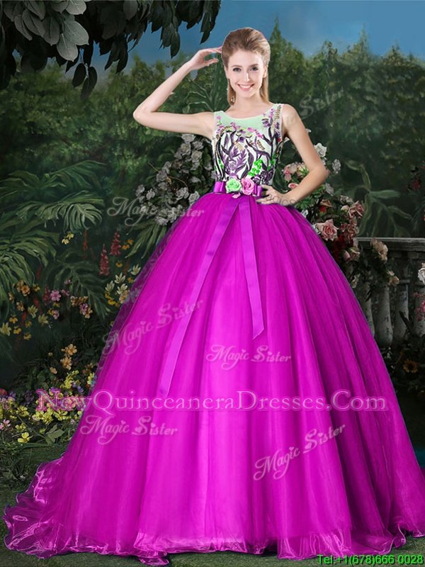 New Style Scoop Fuchsia Organza Zipper 15th Birthday Dress Sleeveless Brush Train Appliques and Belt