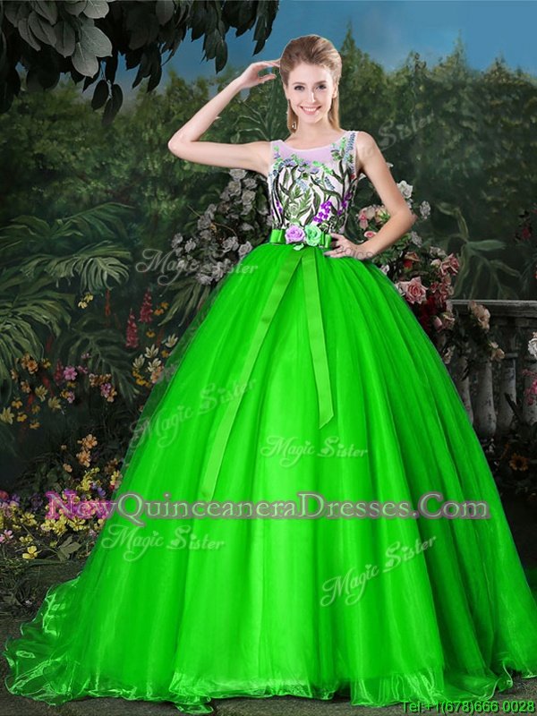 Chic Organza Scoop Sleeveless Brush Train Zipper Appliques and Belt Vestidos de Quinceanera inSpring Green