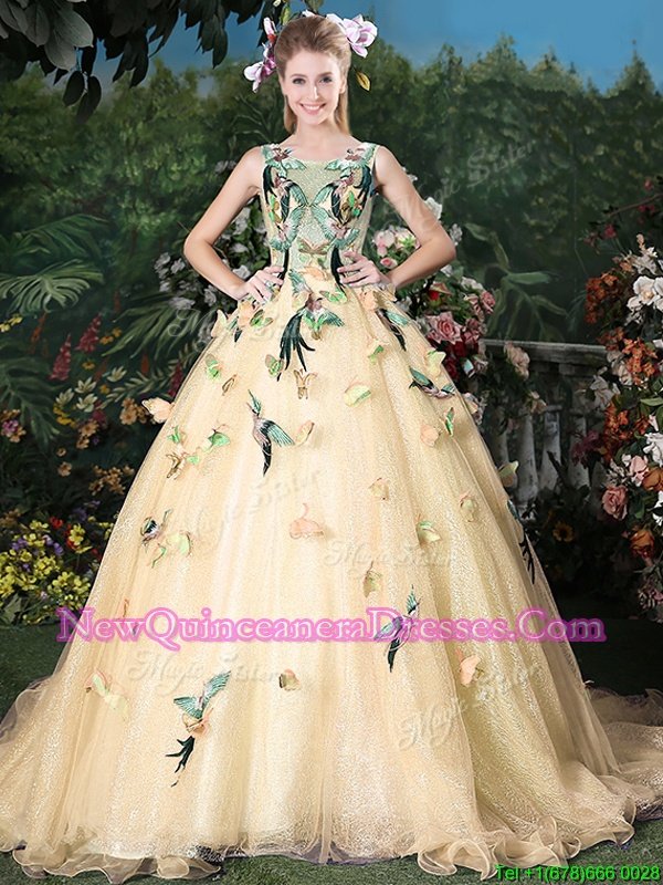 Luxurious Scoop Champagne Lace Up 15 Quinceanera Dress Appliques Sleeveless Brush Train