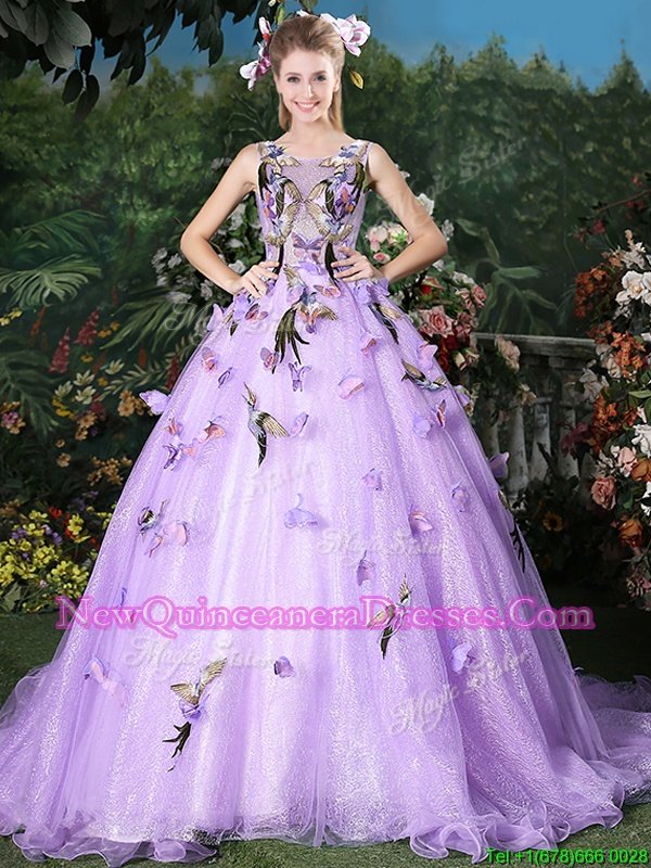 Charming Scoop Sleeveless Brush Train Lace Up Quinceanera Dress Lavender Organza