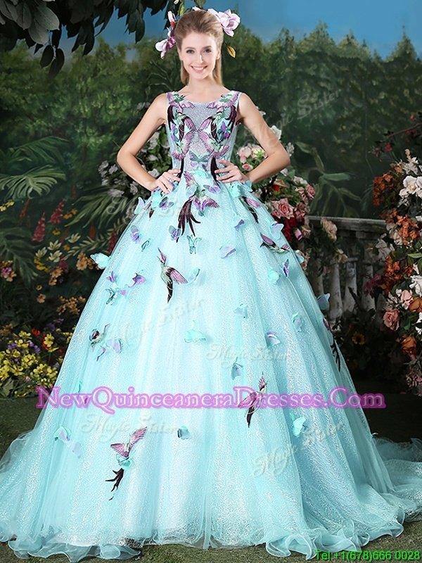 Glamorous Light Blue Ball Gowns Scoop Sleeveless Organza Brush Train Lace Up Appliques Quinceanera Dresses