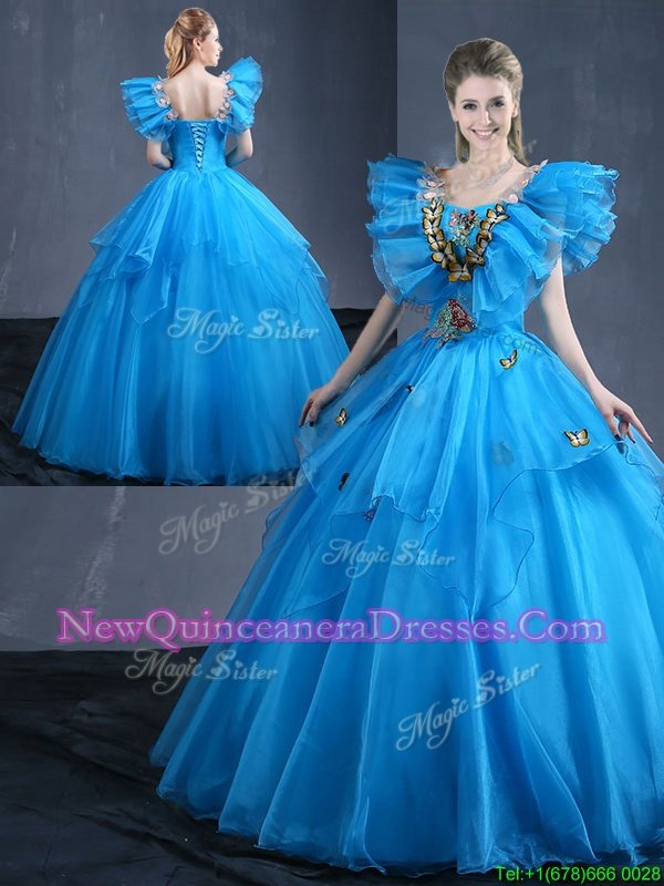 Cute Sleeveless Lace Up Floor Length Appliques and Ruffles Quinceanera Gown