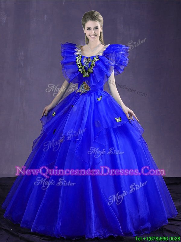 New Style Royal Blue Sleeveless Organza Lace Up Quinceanera Dress for Military Ball and Sweet 16 and Quinceanera