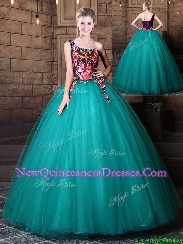 Classical One Shoulder Teal Lace Up Quinceanera Dresses Pattern Sleeveless Floor Length