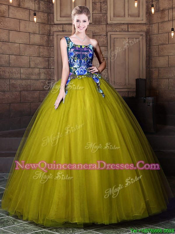 Noble One Shoulder Floor Length Olive Green Sweet 16 Dress Tulle Sleeveless Spring and Summer and Fall and Winter Pattern