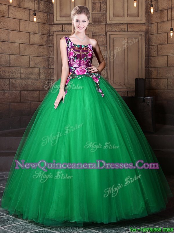 New Style One Shoulder Sleeveless Lace Up Floor Length Pattern 15 Quinceanera Dress